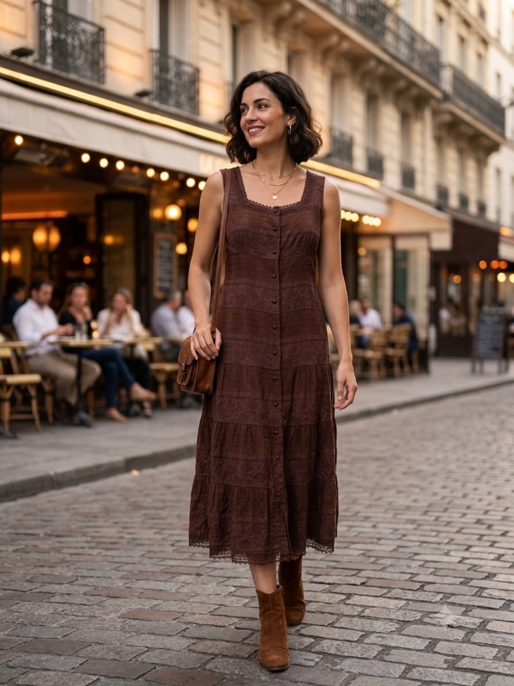 Sleeveless Brown Button-Front Tiered Midi Dress